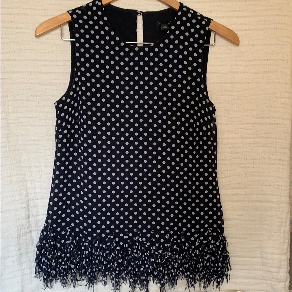 Ann Taylor White Polkadot and Navy Boxy Blouse with Embellished Hemline